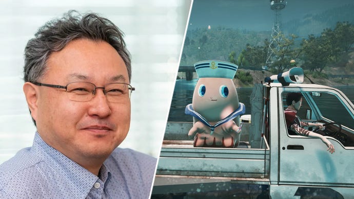 Shuhei Yoshida next to Pinky and Michi driving in Promise Mascot Agency.