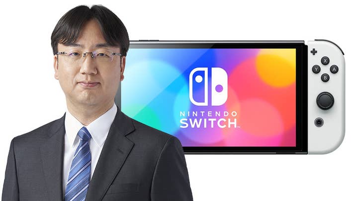 Nintendo president Shuntaro Furukawa in front of a Switch OLED