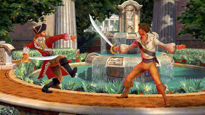 Two pirates swashbuckle around the rim of a fountain in Sir Meier’s Pirates!