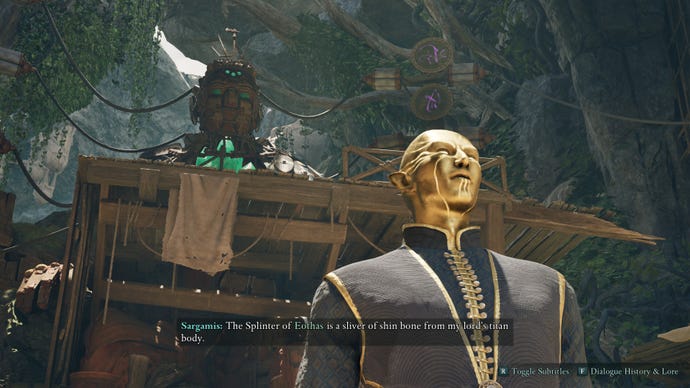 A gold-skinned godlike named Sargamis talks about a mysterious item called the Splinter of Eothas, in this cutscene from Avowed.