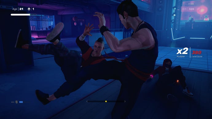 The protagonist of Sifu trips an enemy by sweeping their legs up from underneath them. It’s in a darkened room with blue backlighting, and looks really cool