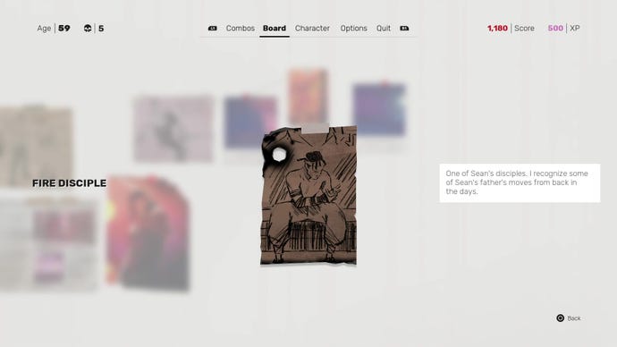 An investigative note from Sifu, which shows a sketch of a fighter you’d encountered in a past life.