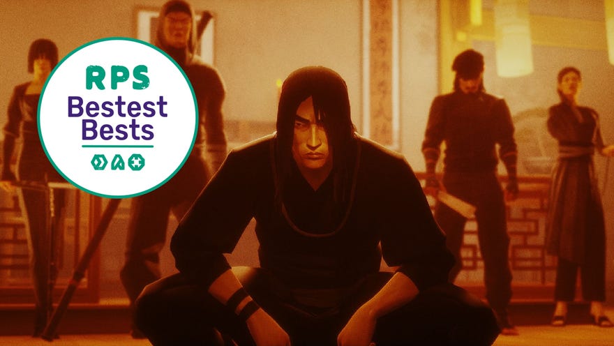 The evil antagonist and his attendant boss-fight pals in Sifu look menacingly at the camera. The Rock Paper Shotgun bestest best award badge is in the top left corner of the image