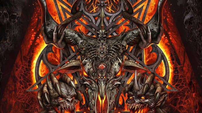 The artwork for unofficial Doom campaign Sigil 2, featuring a lot of skulls, bones, lava and pentagrams