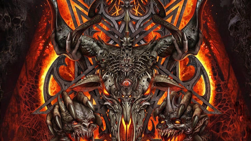 The artwork for unofficial Doom campaign Sigil 2, featuring a lot of skulls, bones, lava and pentagrams