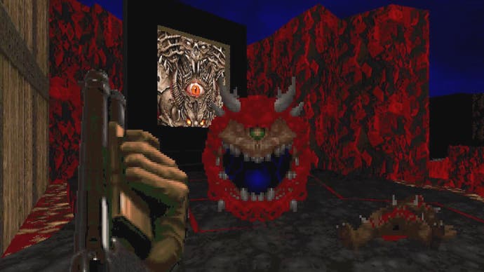 A screenshot from Sigil 2 showing the player cocking a shotgun as a Cacodemon approaches.