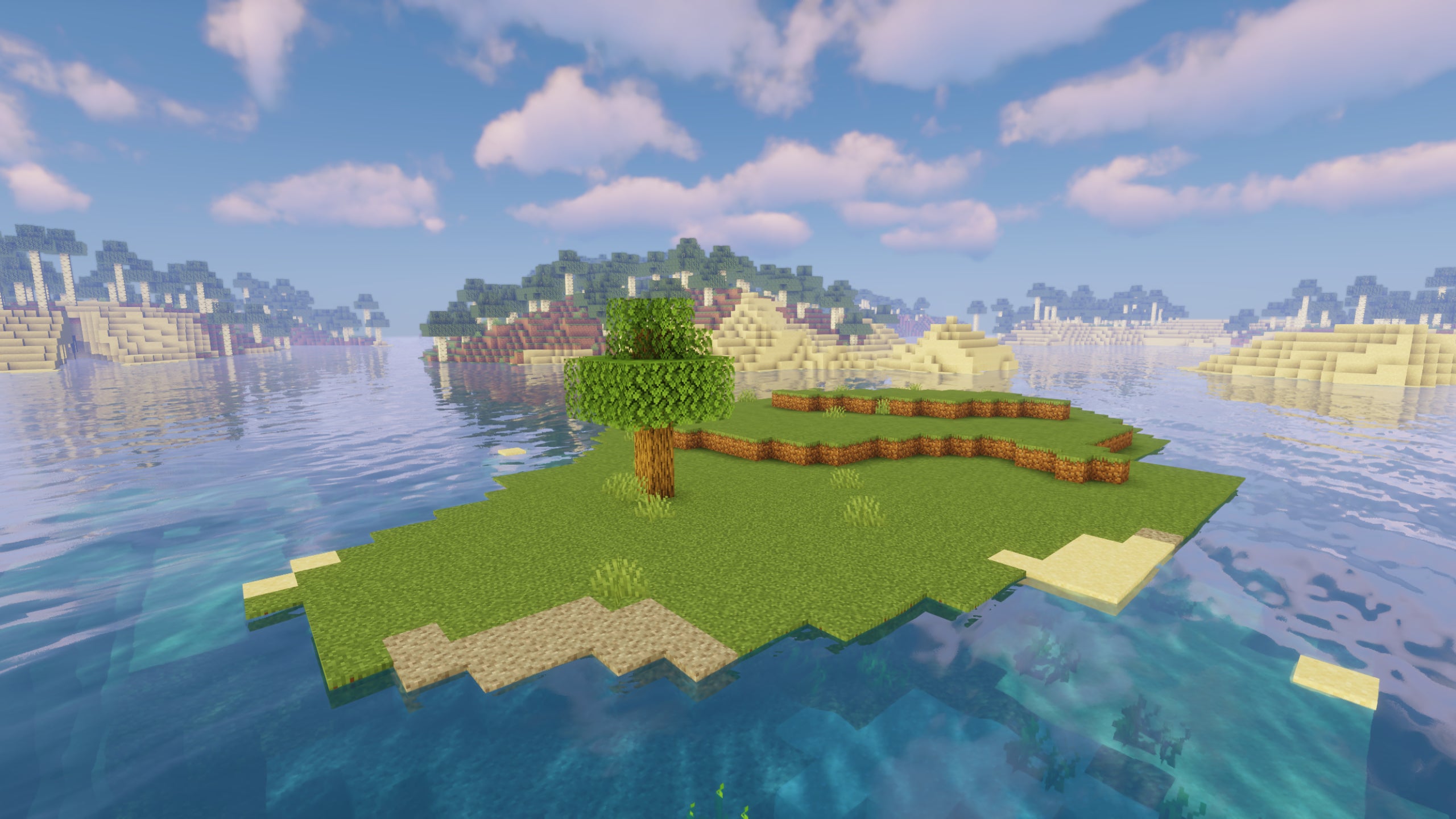 A bare island in Minecraft, with a single tree in the centre with Sildur