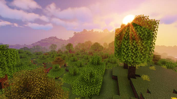 The sun rises over a Minecraft forest with Sildur’s Shaders installed.