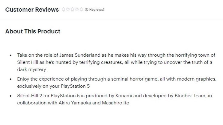 Best Buy&rsquo;s listing for Silent Hill 2 Remake as of 7th November 2023, with no mention of Pyramid Head &ldquo;along with&rdquo; an origin story