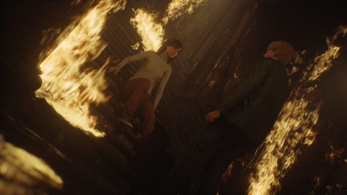 Angela sits on steps surrounded by flames, as James looks on.