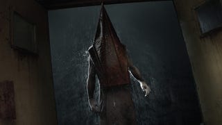 A man with a large metallic triangular cone on his head stands in an open doorway. It's dark outside and rain pours down