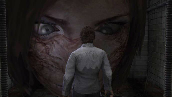 A giant, scarred head of a woman staring directly at a man in front of her in Silent Hill 4: The Room.