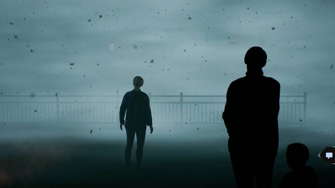 Astrid and a strange peer out into the ashy fog.