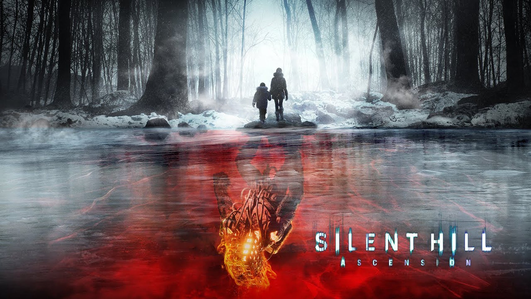 Key art of Silent Hill: Ascension of an adult and child walking away from an icy lake, a monster reflected underneath them. - 1
