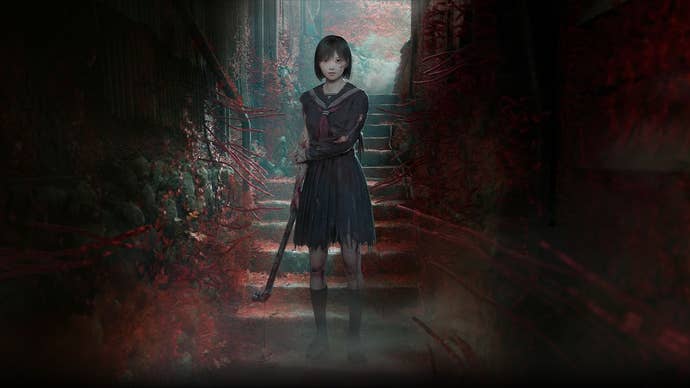 Shimizu Hinako wields a pipe in a narrow stairwell surrounded by unsettling red roots.