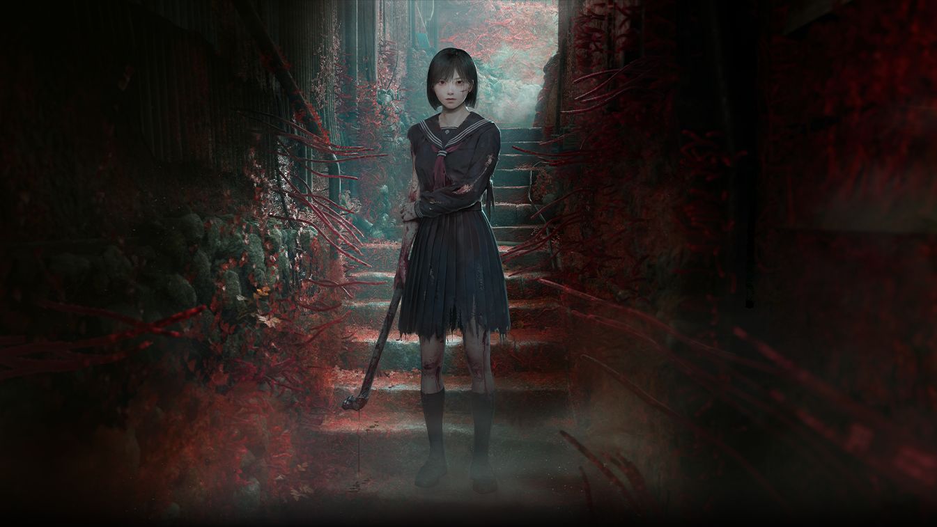 Shimizu Hinako wields a pipe in a narrow stairwell surrounded by unsettling red roots. - 1