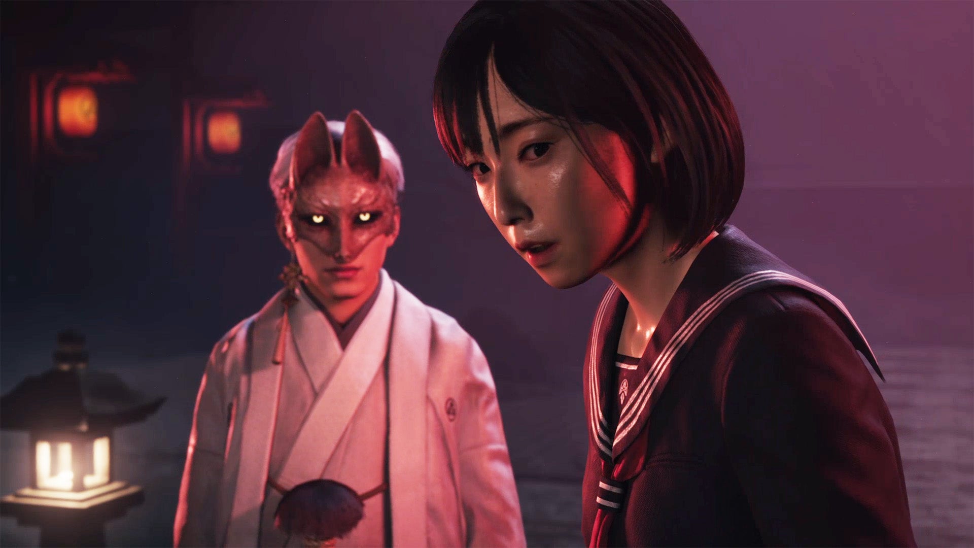 Hinako, a teenage girl wearing a sailor school uniform, looks slightly afraid, a man in a fox mask watching behind her. - 1