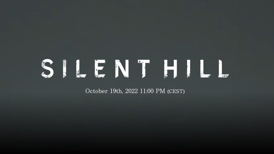 A black background with the words Silent Hill in white lettering, plus a date and time for Konami’s Silent Hill Transmission stream