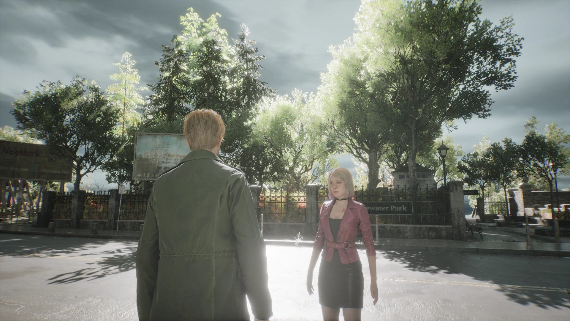 Screenshot of Sunny Hills mod for Silent Hill 2 that increases sunlight, with male and female character standing in a street