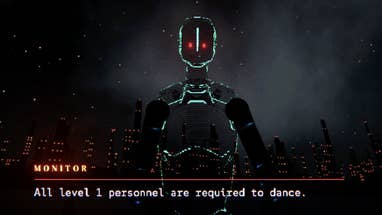 A Silenus screenshot showing an android shrouded in darkness except for its glowing red eyes and the neon-lit outlines of its body. A caption reads, "Monitor: All Level 1 personnel are required to dance."