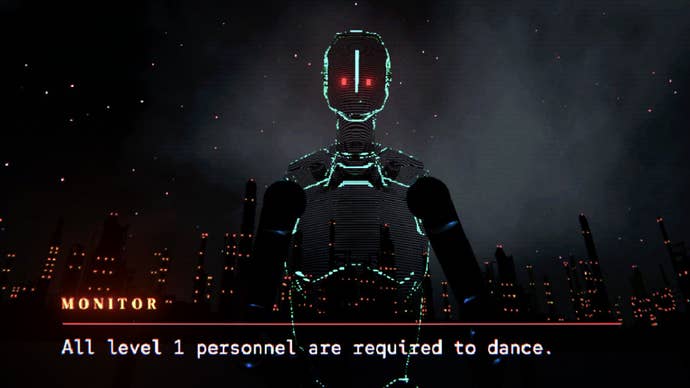 A Silenus screenshot showing an android shrouded in darkness except for its glowing red eyes and the neon-lit outlines of its body. A caption reads, “Monitor: All Level 1 personnel are required to dance."