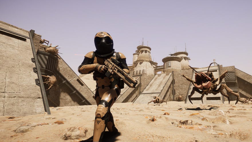 A sapce soldier runs away from an alien crab that’s leapt at them, on a barren, desert planet in Silica.