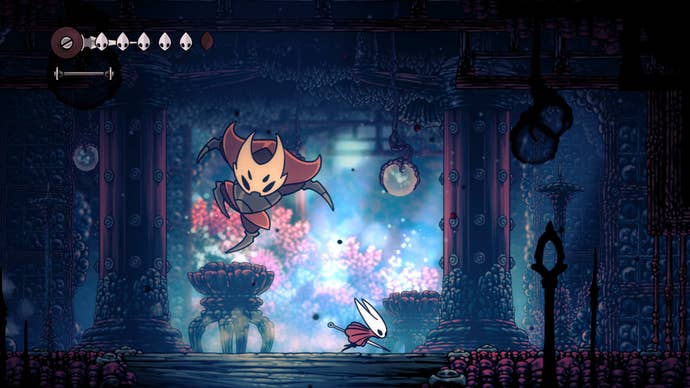 Hollow Knight Silksong official screenshot showing you battling a boss against blue and purple background