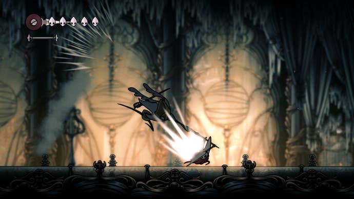 Hollow Knight Silksong official screenshot showing you parrying an enemy attack dramatically