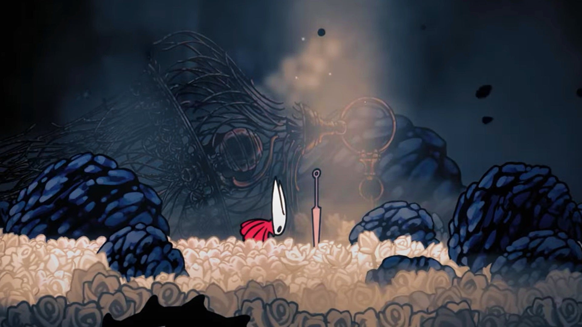 Hornet awakens in a bed of rubble and silk at the start of Hollow Knight: Silksong's Act 3. - 1