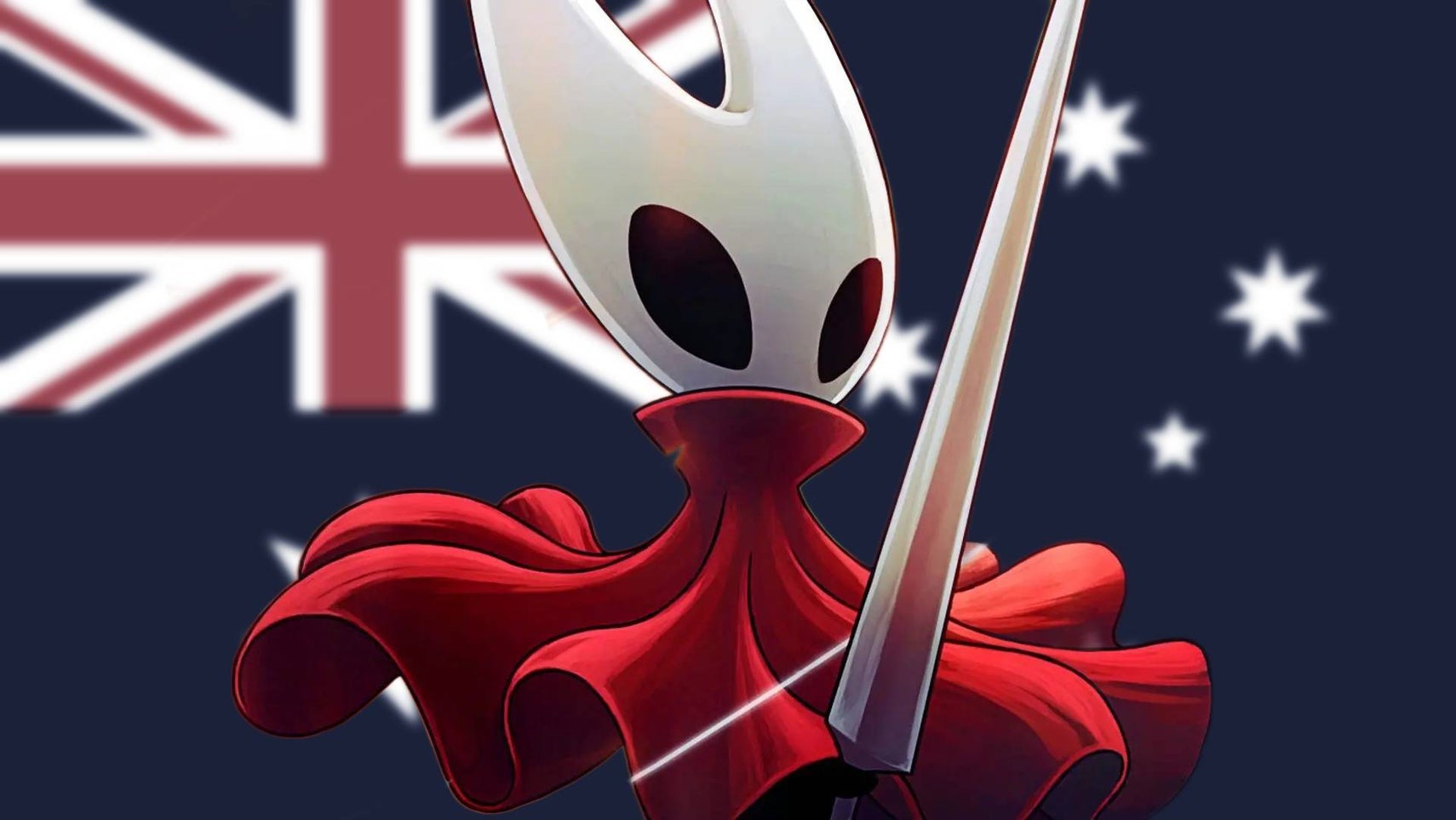 Hornet from Hollow Knight: Silksong in front of the Australian flag. - 1