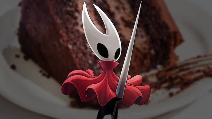 Hornet from Hollow Knight: Silksong in front of a cake.