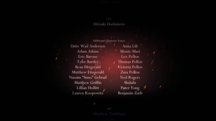 A screenshot of the Hollow Knight Silksong credits showing two columns of names.