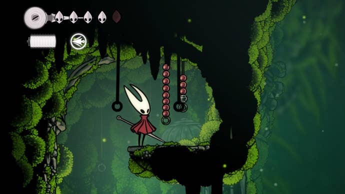 silksong hornet facing rosary bead strings in moss home