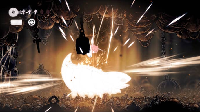 Hollow Knight: Silksong screenshot showing a flash of brilliant light during combat