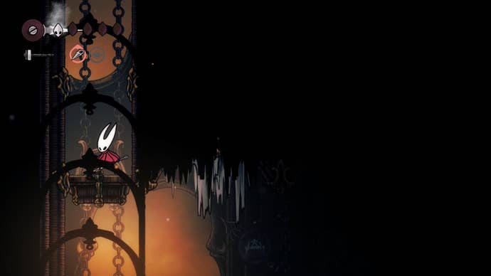 Hollow Knight: Silksong screenshot showing the hornet climbing a shute to the left of the screen