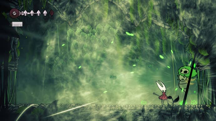 Hollow Knight: Silksong screenshot showing you fighting a green bug enemy