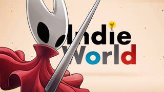 Silksong's Hornet overlaid on Nintendo's Indie World logo.