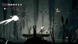 Screenshot of Hollow Knight Silksong showing Hornet main character in grey world of bugs