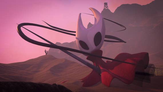 An illustration of Hollow Knight Silksong main character Hornet, against a brownish landscape and pinkish sky.