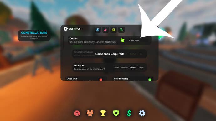 Arrow pointing at the codes menu in the Roblox game Silly Defense.