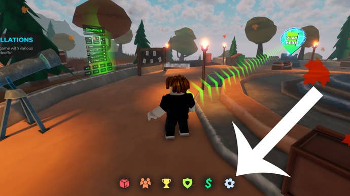 Arrow pointing at the settings button in the Roblox experience Silly Defense.