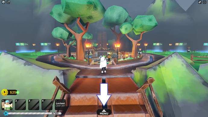 A screenshot from Silly Tower Defense in Roblox showing the location of the game's menu.