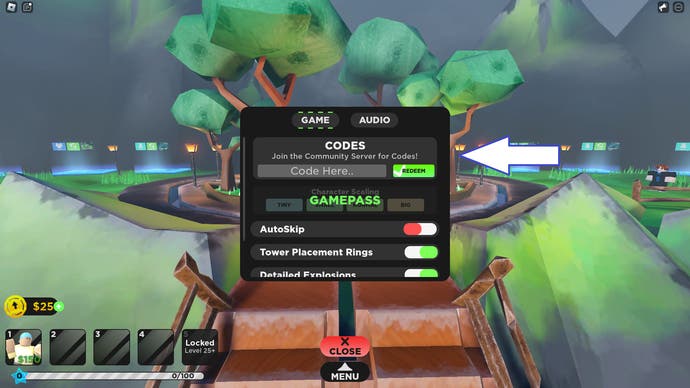 A screenshot from Silly Tower Defense in Roblox showing the game's settings menu.