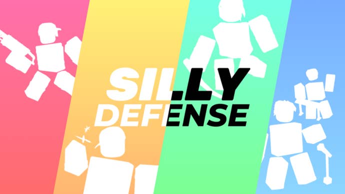Artwork for Silly Tower Defense, showing five Roblox characters doing different activities including singing and dancing.