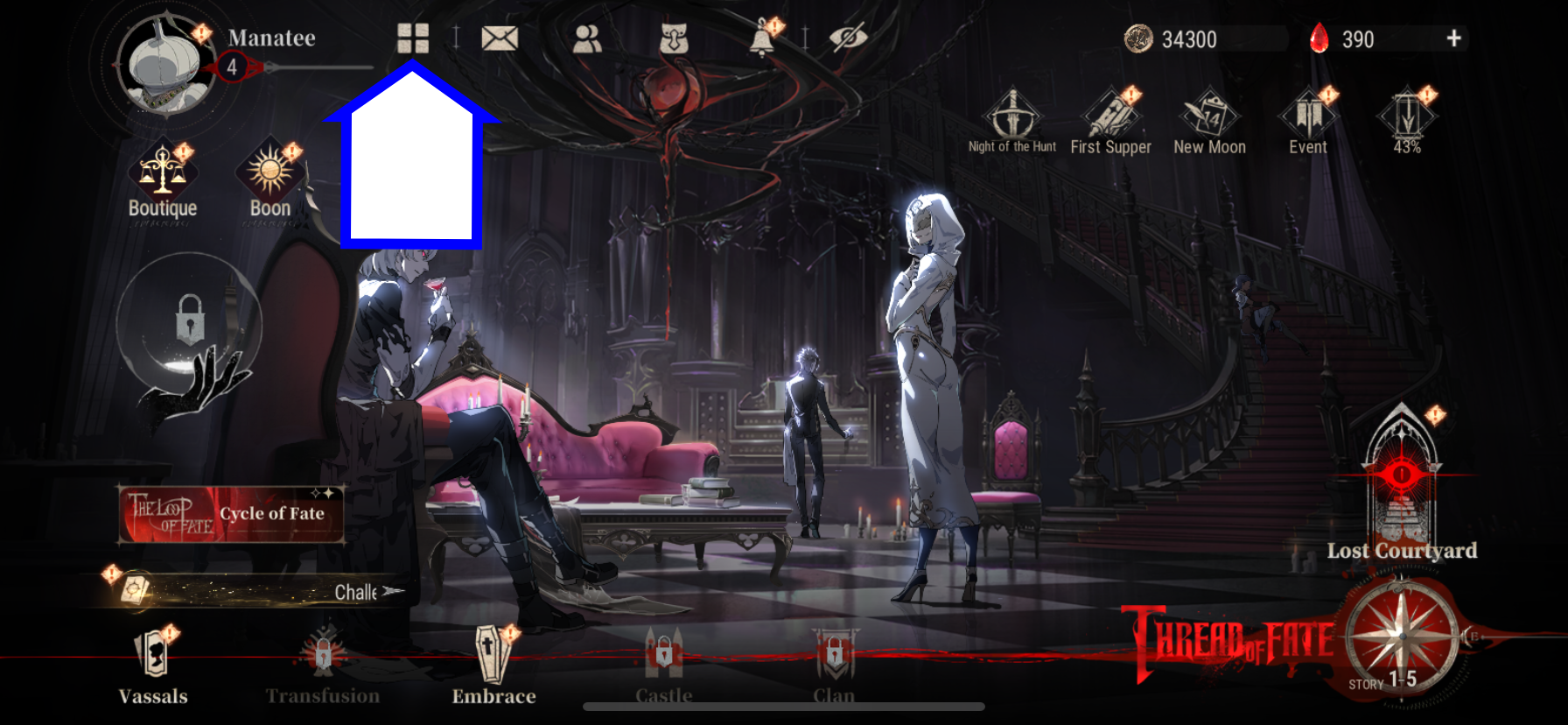 A screenshot of Silver and Blood showing the game's menu button.