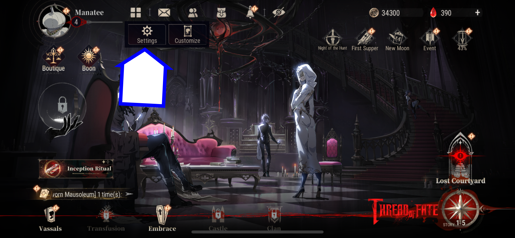A screenshot of Silver and Blood showing the game's settings button.