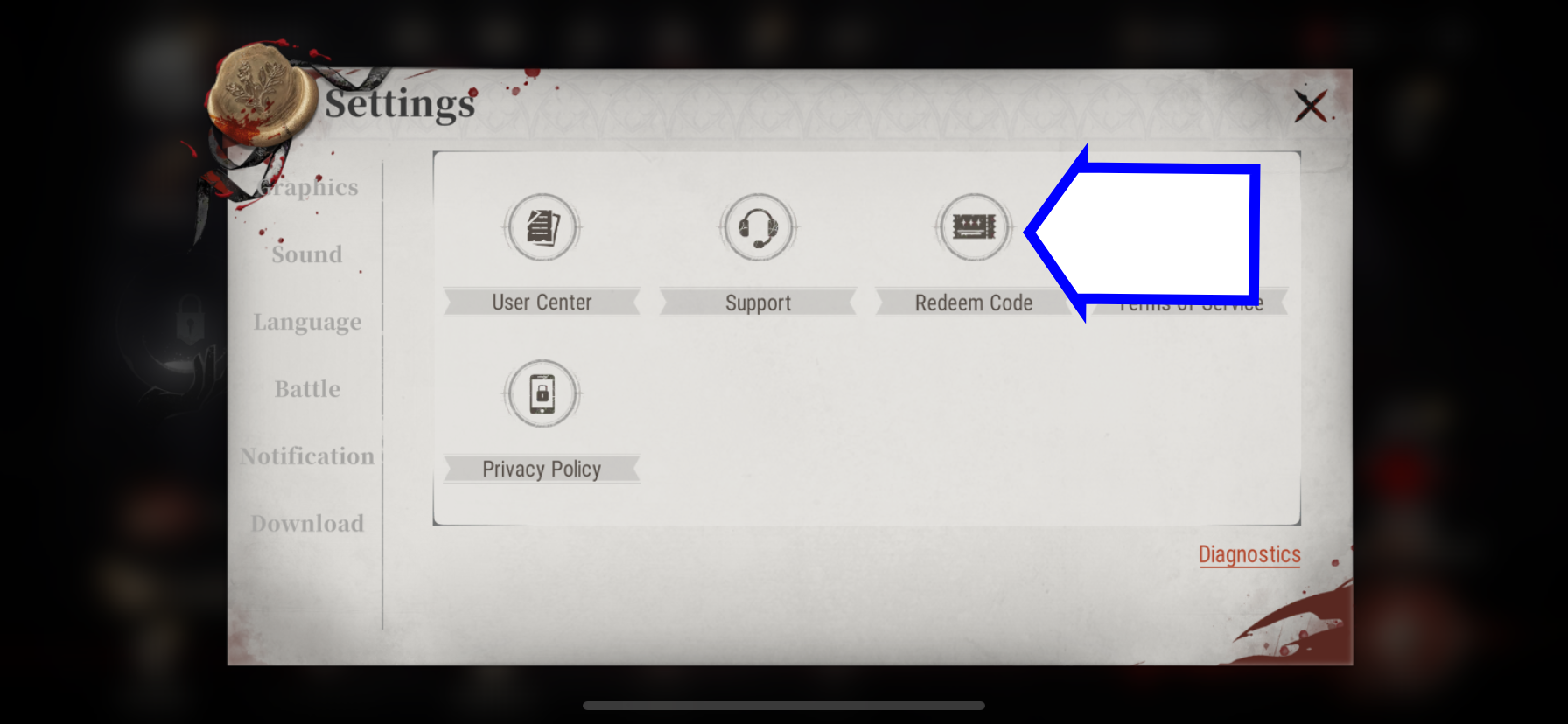 A screenshot of Silver and Blood showing the game's codes button.