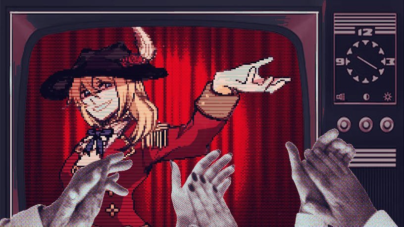 Printed paper hands clap at an anime-looking person on a TV.