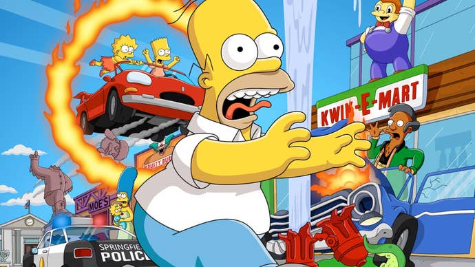 The box art for The Simpsons: Hit & Run showing Homer running screaming, while Bart and Lisa fly a car through a ring of fire, Apu crashes his car into a fire hydrant, and Marge looks concerned.