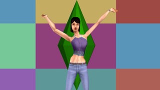 A character from The Sims 1 with her outstretched, superimposed over the Sims Plumbob and a chequered background.
